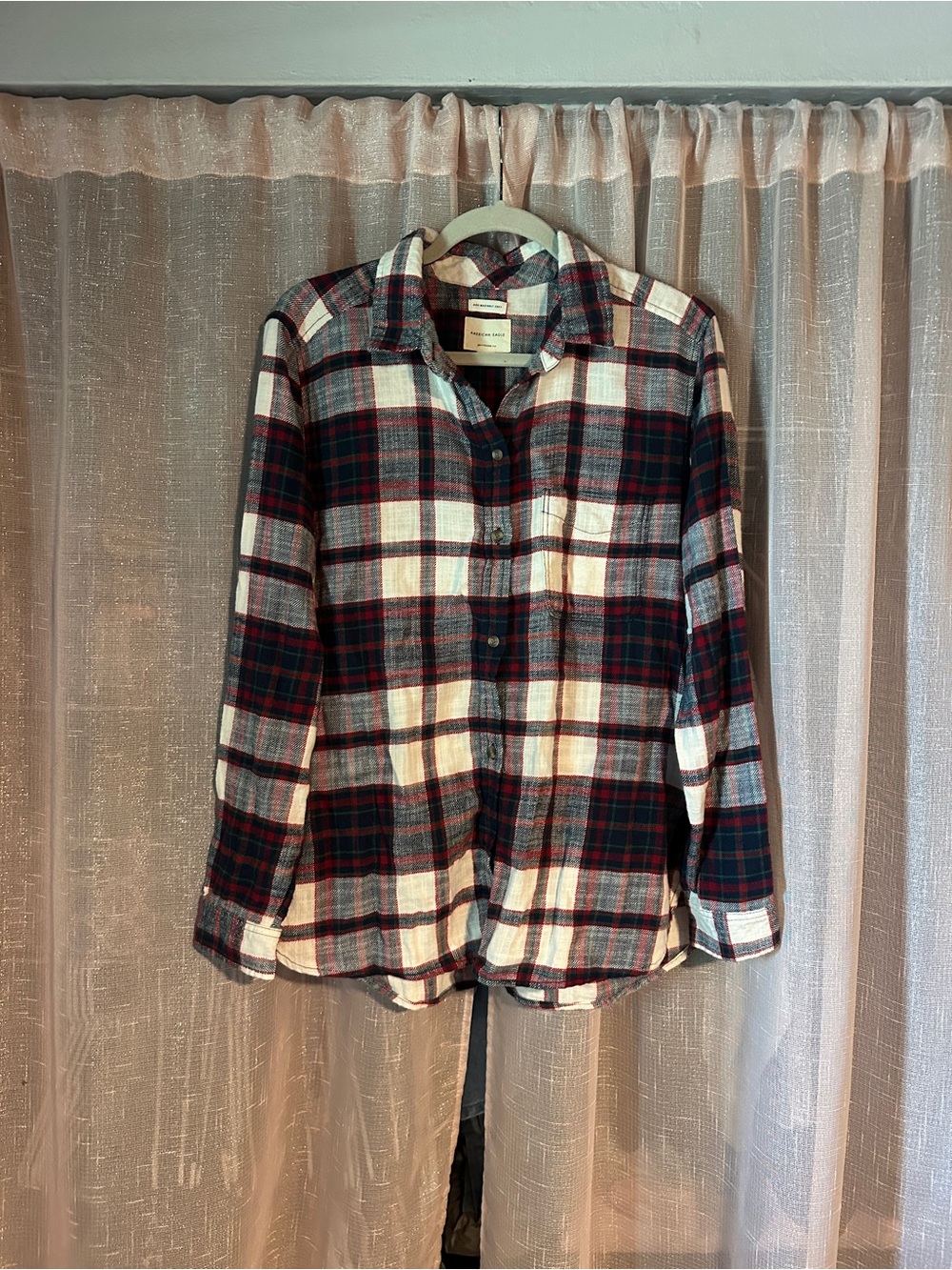 American Eagle Outfitters Red, Black & White Plaid Button-Down Shirt